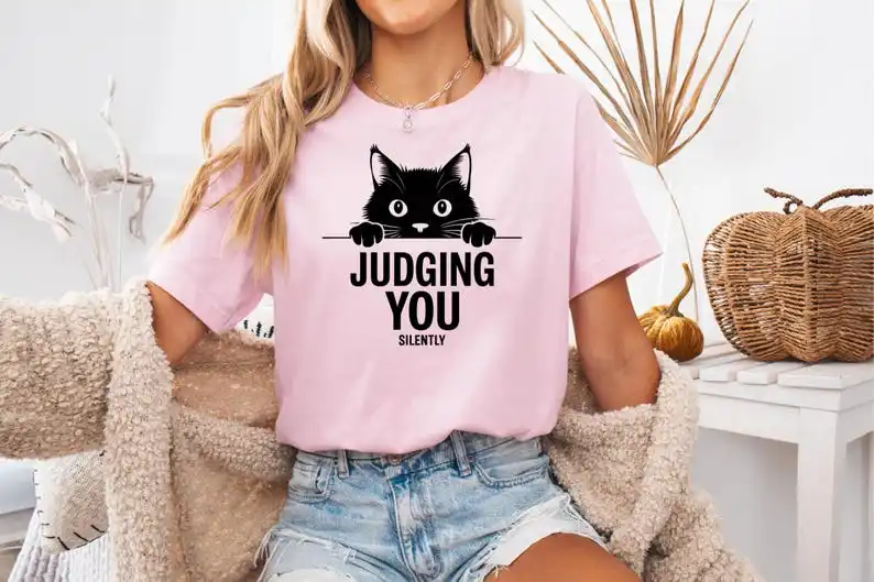 

Judging You Silently Shirt Cat Funny Cat Cute Kitty Gift for Cat Lover Cat Mom Women Funny cat lady Harajuku Short Sleeve Casual