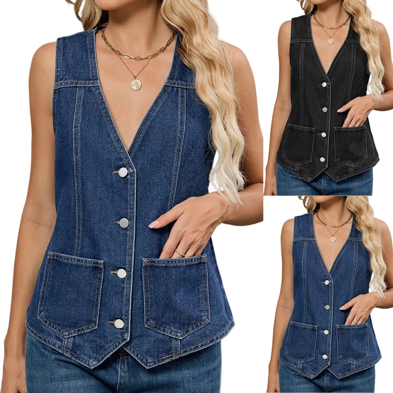 

New Fashion Casual Women's Denim Vest V-neck Solid Color Street Wear Autumn Sleeveless Denim Female Slim Waistcoats Tops 2025