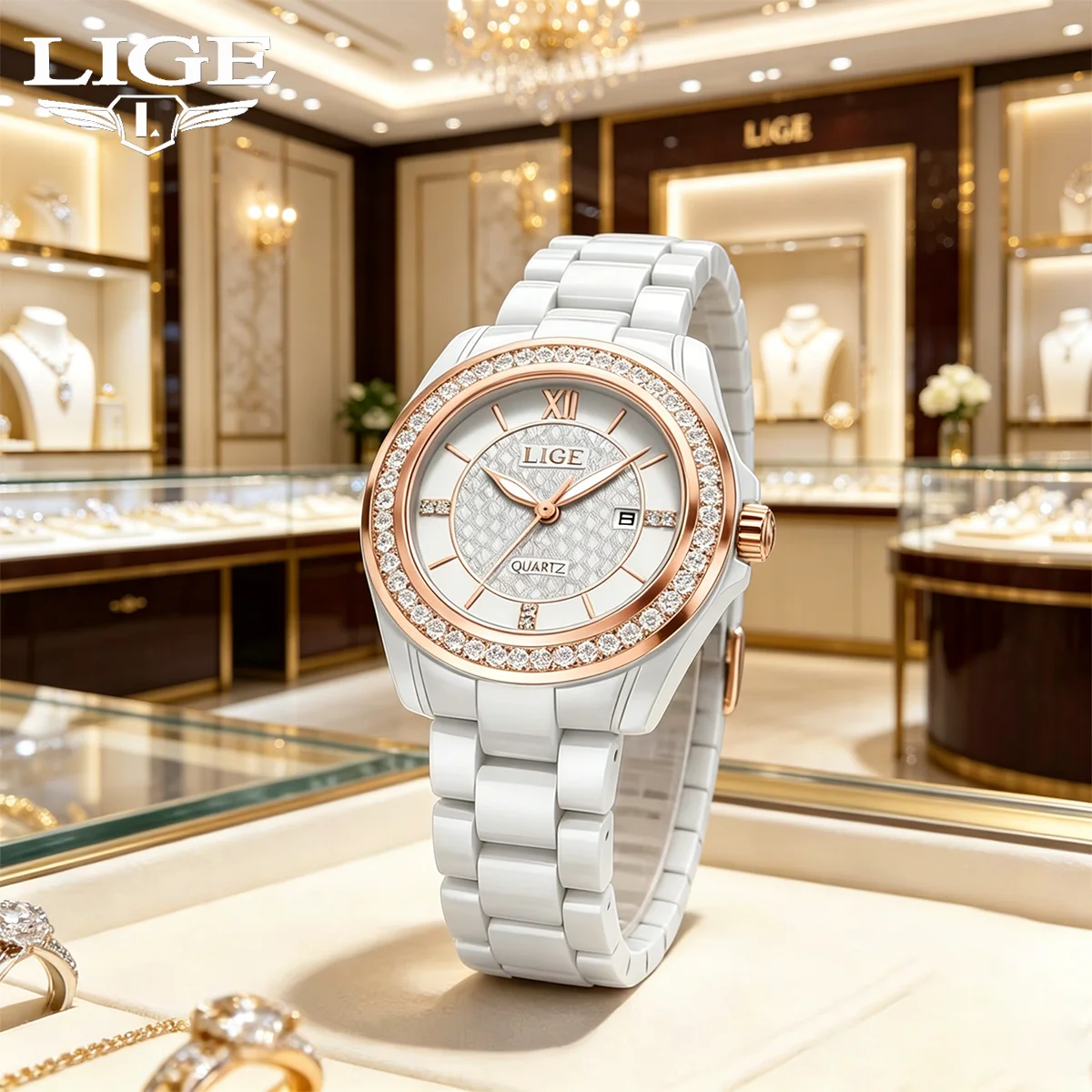 

LIGE Fashion Diamond Ceramic Quartz Watch for Women Elegant Ladies Watches Waterproof Women's Wristwatch Montre Femme Gifts+Box