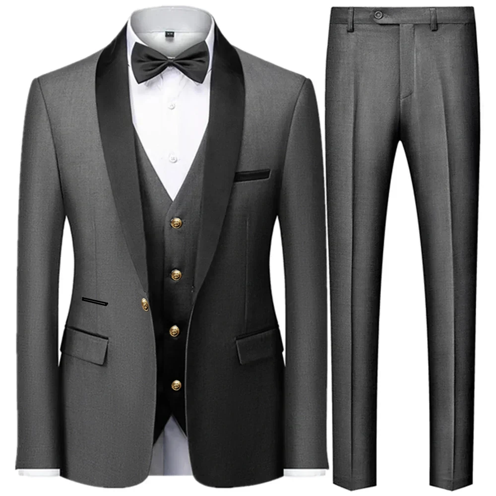 Men\'s British Style Slim Suit 3 Piece Set Jacket Vest Pants / Male Business Gentleman High End Custom Dress Blazers Coat  M-6XL