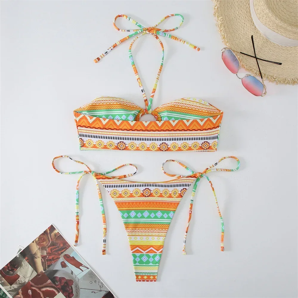 Boho 프린트 마이크로 비키니 통 스트링 반두 수영복 빈티지 휴가 수영복 여성 트렌드 비치 수영복 Biquini Feminino