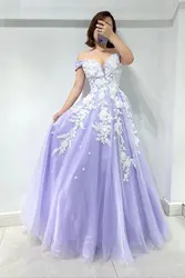 Off White Floral Prom Dresses Lace Applique Lavender Tulle Off Shoulder V Neckline A Line Long Floor Length Evening Gowns