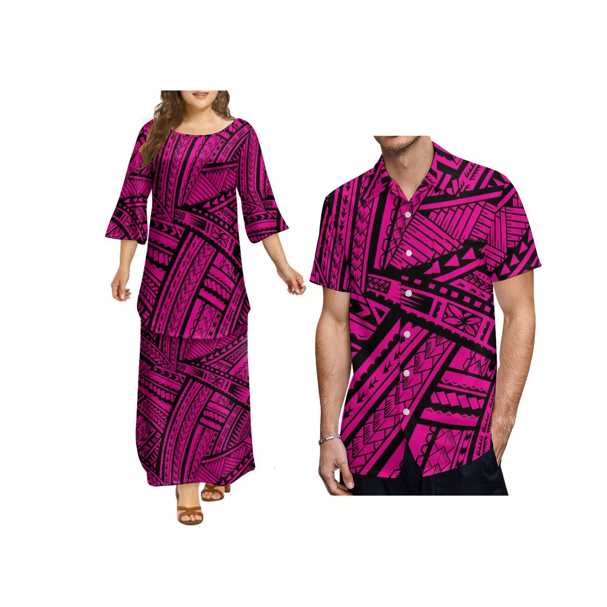 

Tonga Puletasi Dress Three-Quarter Bell Sleeves Samoan Dress 2 Piece Outfits Polynesian Sets