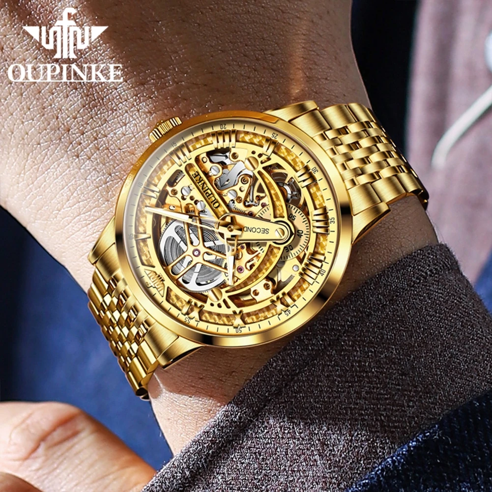 OUPINKE 3173(Special Offer)Gold Watch for Men Skeleton Hollow Crystal Mirror 50M Waterproof Automatic Mechanical Watch Man