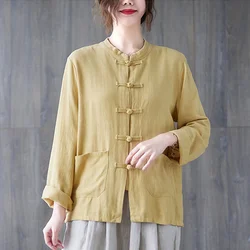 Chinese Style Kung Fu Tang Suit Shirt Cotton Linen Top Zen Tai Chi Clothing Women Vintage China Traditional Loose Casual Blouse