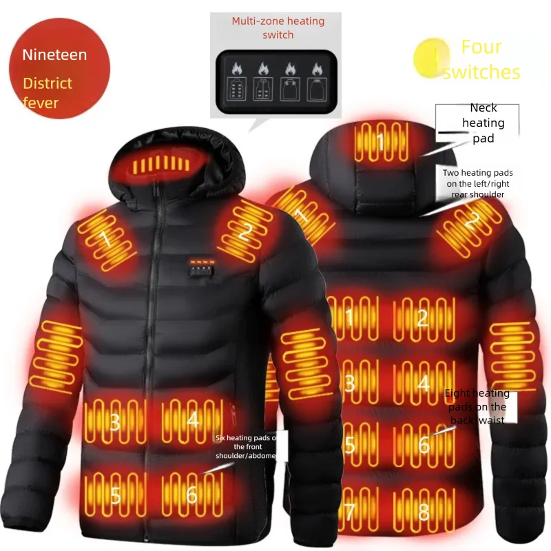 19 Areas Winter Heated Jacket for Men Women USB Electric Heating Cotton Jacket Waterproof Warm Hooded Thermal Self Clothes