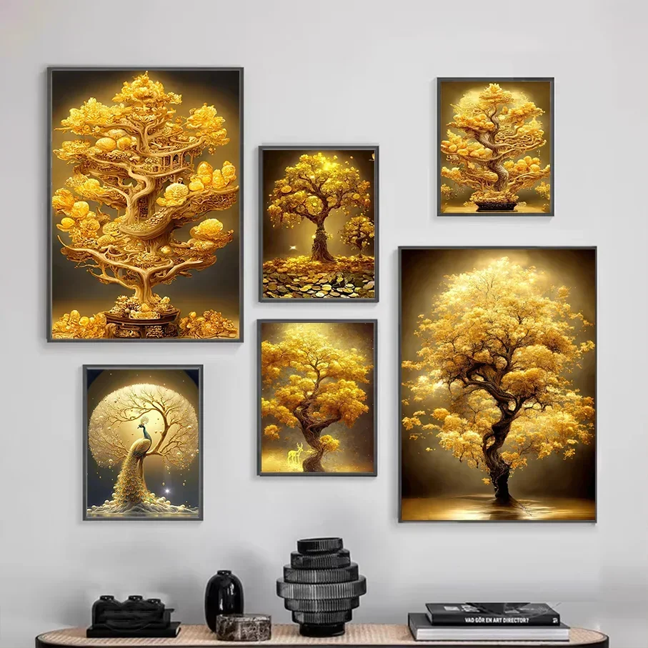 Money Tree Canvas Print Wall Art Golden Fortune Tree Painting, Unframed Canvas Decor Living Room Bedroom Home Art