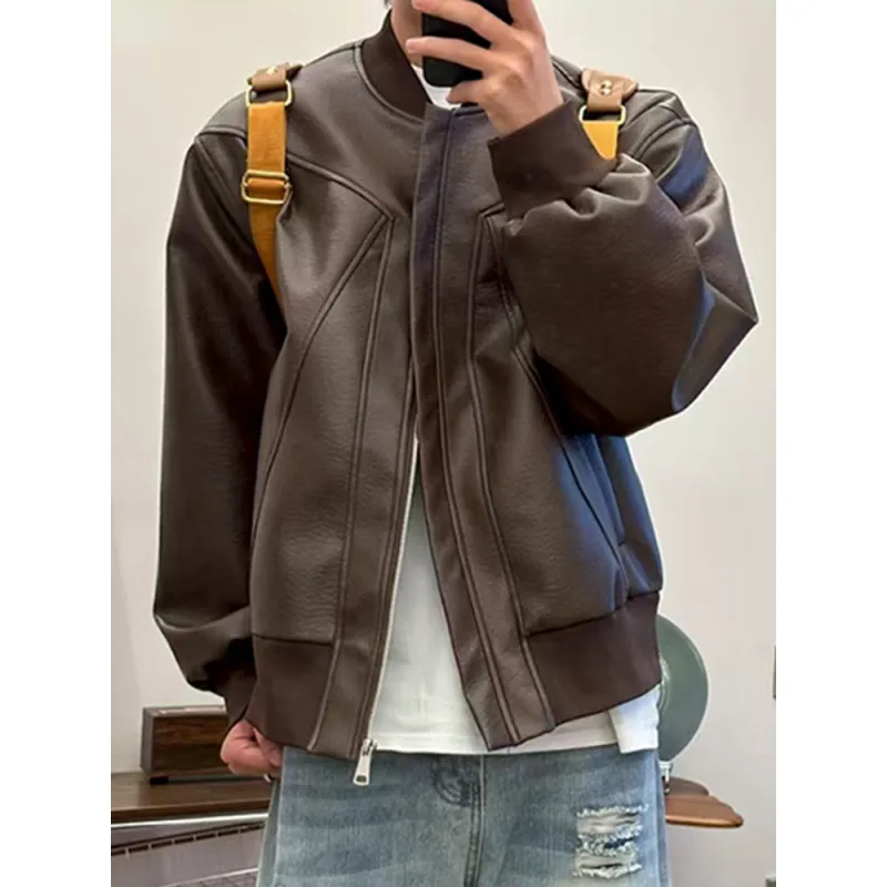 

Brown Leather Jacket Men Fashion Casual Black Motorcycle Jackets Men Streetwear Hip-hop Loose Bomber Jacket Mens Outwear M-3XL