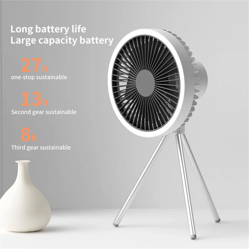 10000mAh Camping Fan Rechargeable Desktop Portable Circulator Wireless Ceiling Electric Fan with Power Bank LED Lighting Tripod