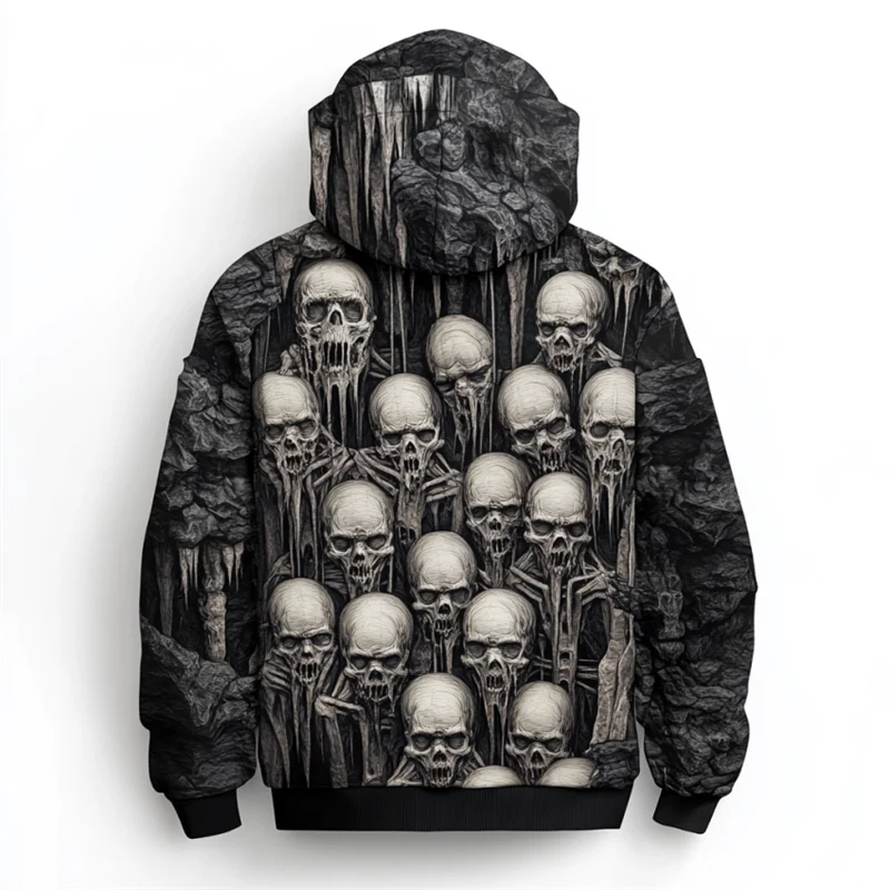 Vintage Hoodies For Men Skull Pattern 3d Print Street Hip Hop Tops Autumn Spring Casual Long Sleeve Oversized Hooded Sweatshirts