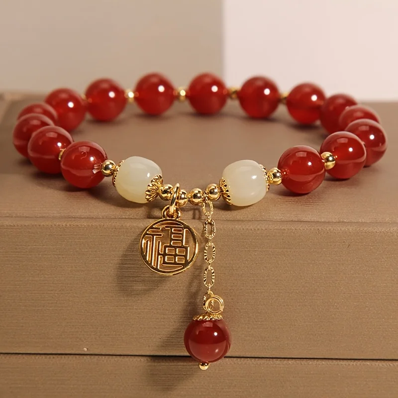 Women’s Lucky Red Bracelet: Fu Character Beads for Good Luck. Elegant Vintage Gift for Mother’s Day, Birthday & Daily Wear.