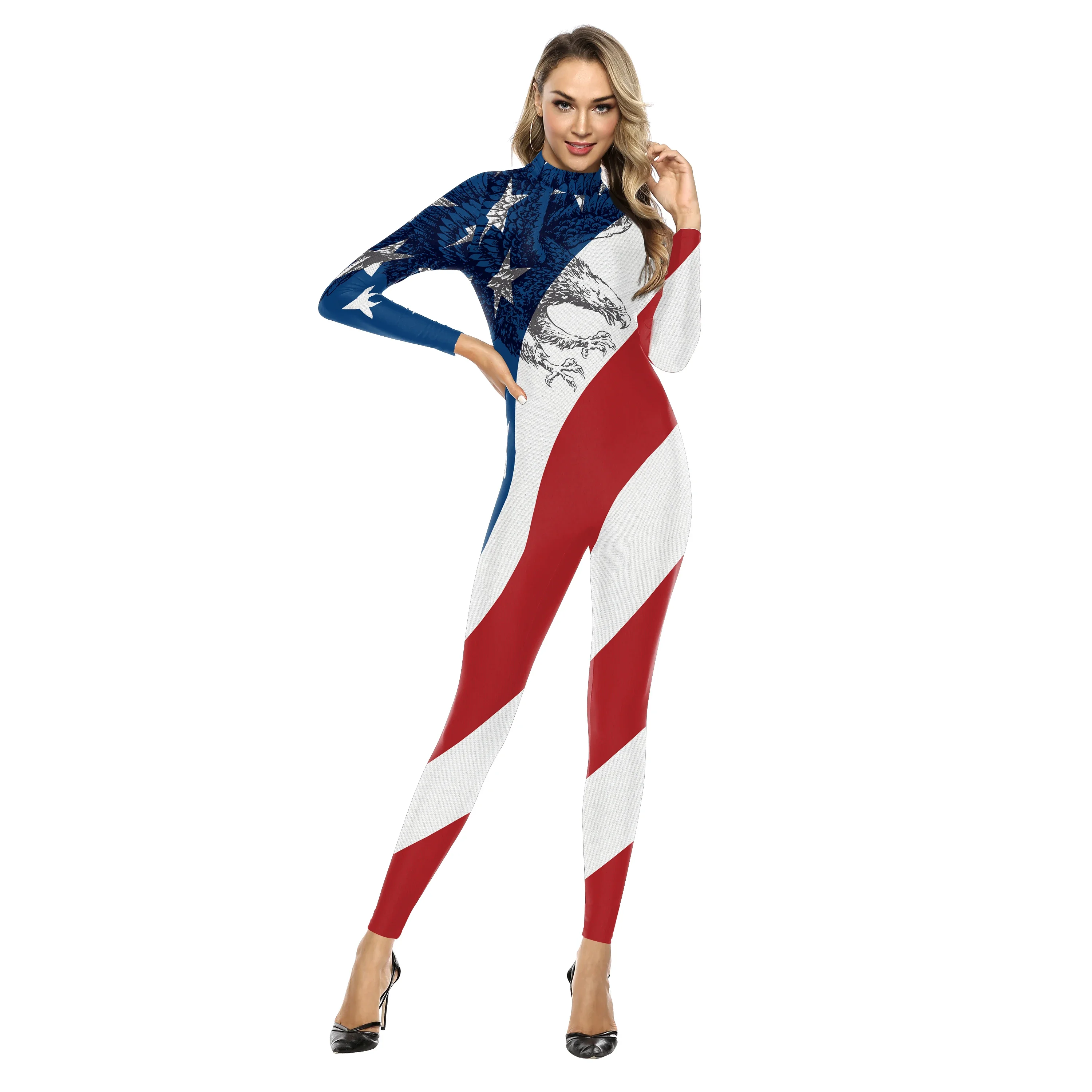 Teanoon Independence Day Costume Women US Flag Printed Bodysuit Sexy Zentai Suit Girls Holiday Clothes Party Jumpsuit