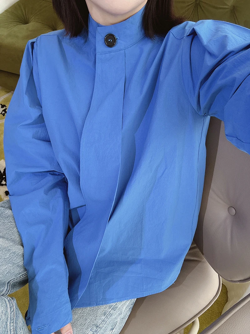 

Retro Large Button Fake Tie Casual Loose Long Sve Blue Cotton irt Comfortable Breathable Artistic Sle Women's Commute ...