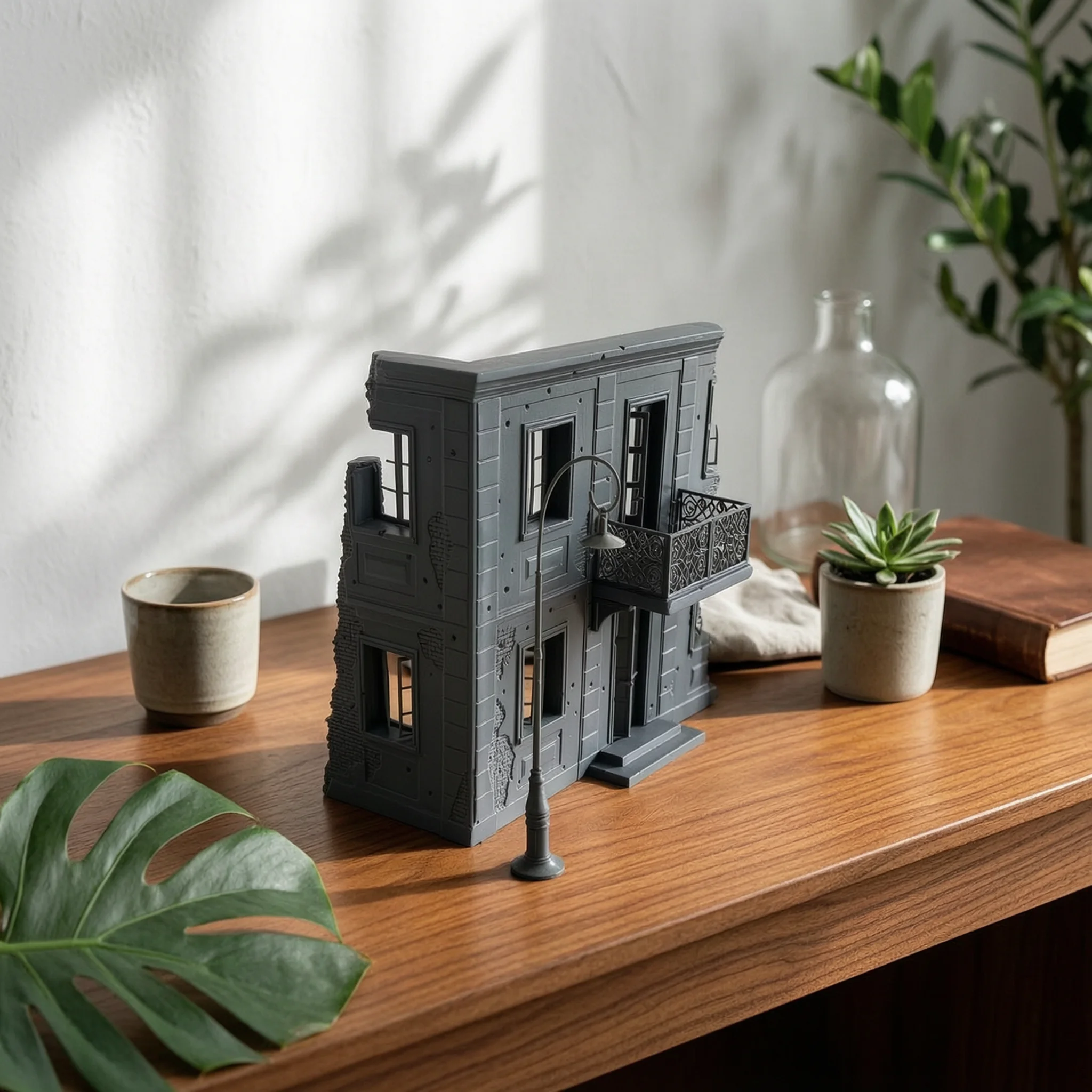 Resin Building Facade Model War Damaged City Structure Gray Finish Miniature Wall Section for Scale City Street Setup