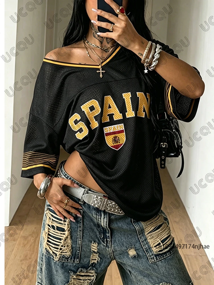 2026 Sommer Neues Spanien-Flaggen-Print T-Shirt für Damen V-Ausschnitt Kurzarm Tees Fußballtrikot Y2k Locker Übergroße Sport-Tops – Detail 7