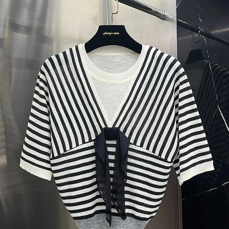 

Ele Striped Patchwork Knitwear round Netie Top Outerwear for Women Autumn 2024 Faion New Sle Lady's Premium Knitted...