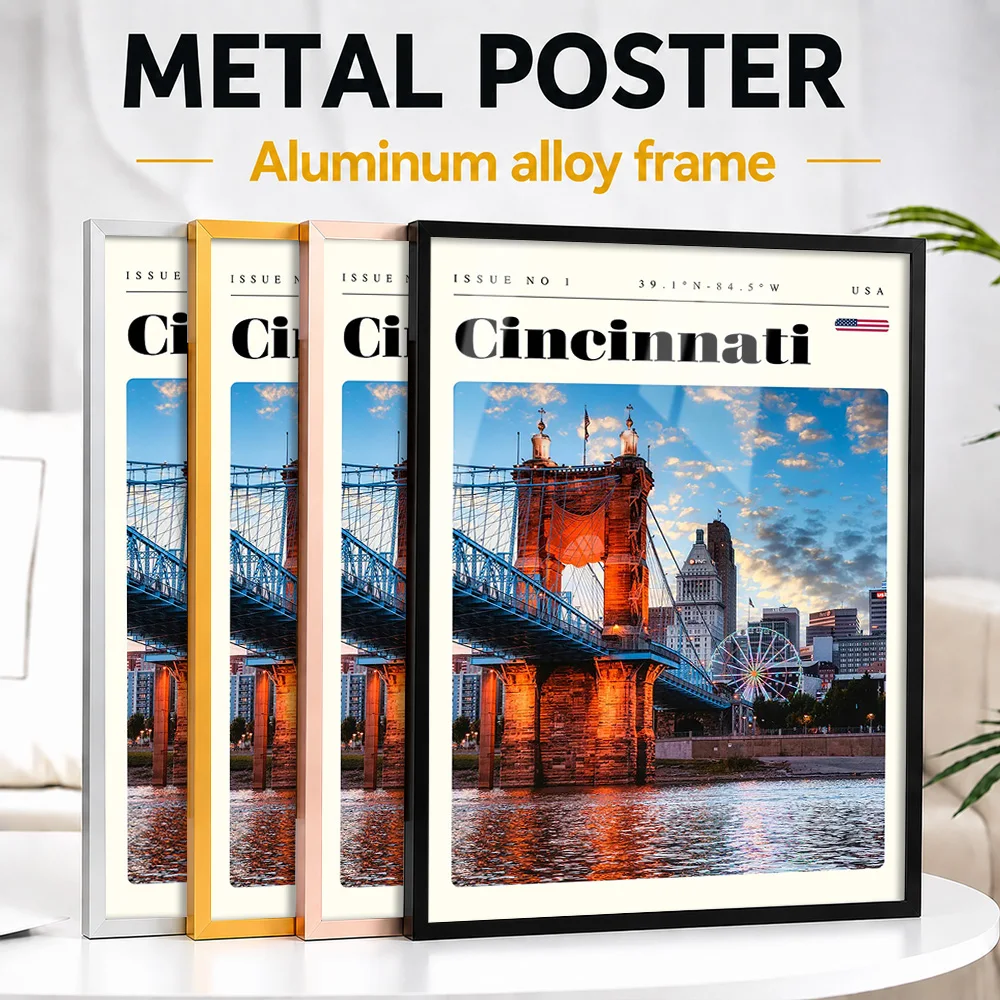 Cincinnati Ohio Skyline Bridge Cityscape Framed Metal Print Customized Scenic Tribute Wall Art Ideal For Office Or Traveler Gift