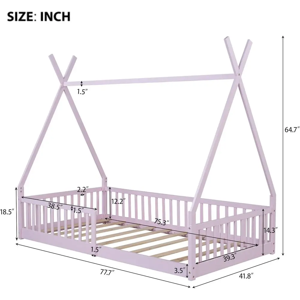 Platform Bed Floor Bed with Fence, No Box Spring Needed (Slats Kit Included), Pink