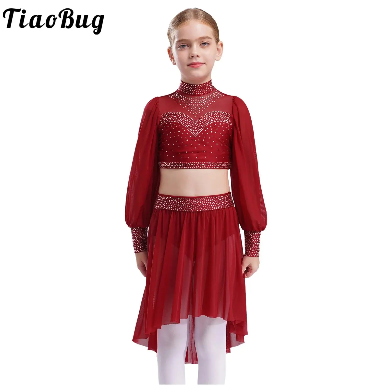 Girls Modern Lyrical Dance Costume Ballet Skating Gymnastics Dancewear Sheer Mesh Long Sleeves Rhinestone Crop Top with Skirts