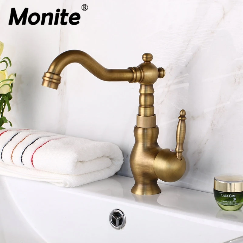 

Monite Antique Brass Finish Bathroom Faucet Basin Sink Mixer Tap Vanity Faucet Mixer Tap Faucet Single Hole Solid Brass Faucets