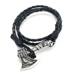 Viking Axe Charm Wolf Raven Amulet Slavic Kolovrat Norse Men's Leather Accessories Handmade Braided Wrap Pirate Bracelet