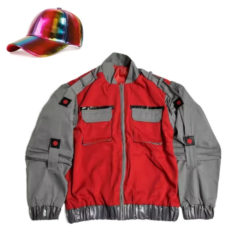 Movie Back To The Future 2 Marty McFly Cosplay Costume PU Leather Baseball Hat Tops Jacket Outfit Clothes Props Adult for Men