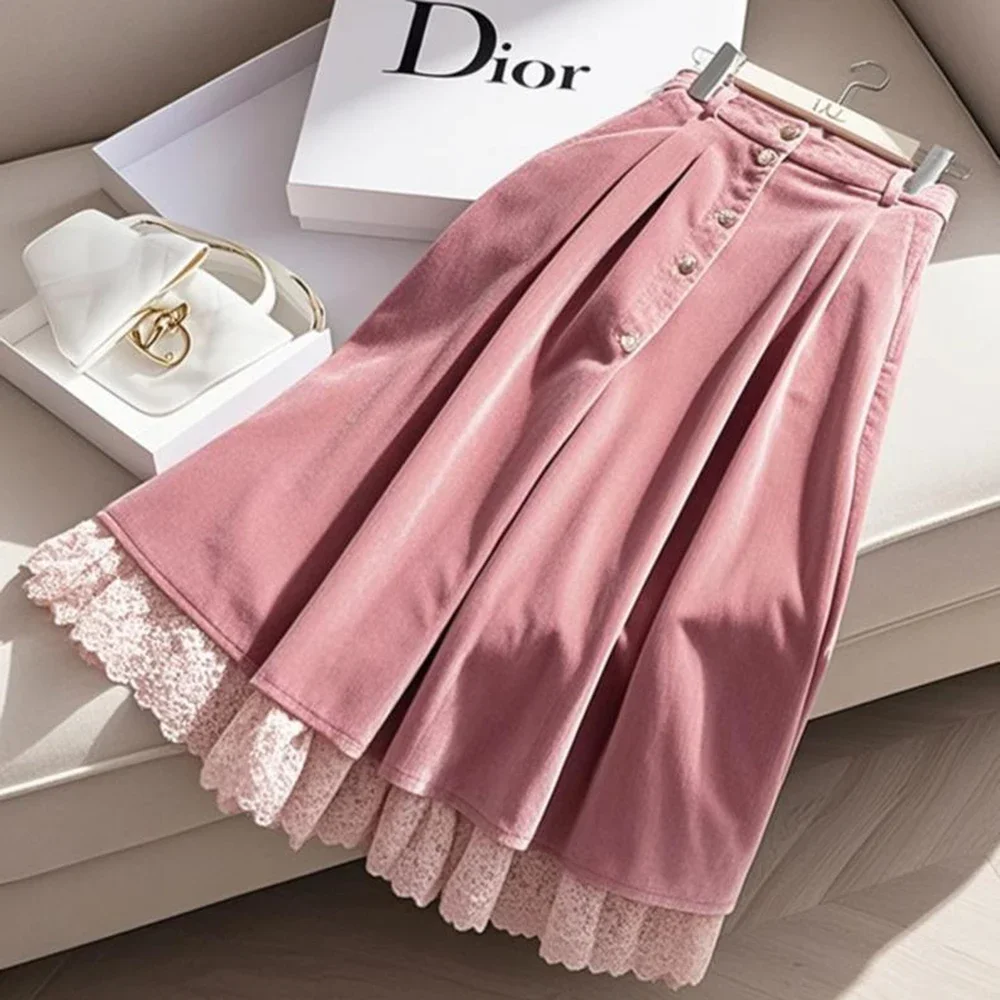High waisted slimming dress with a high-end feel, pink corduroy patchwork lace skirt for women in winter