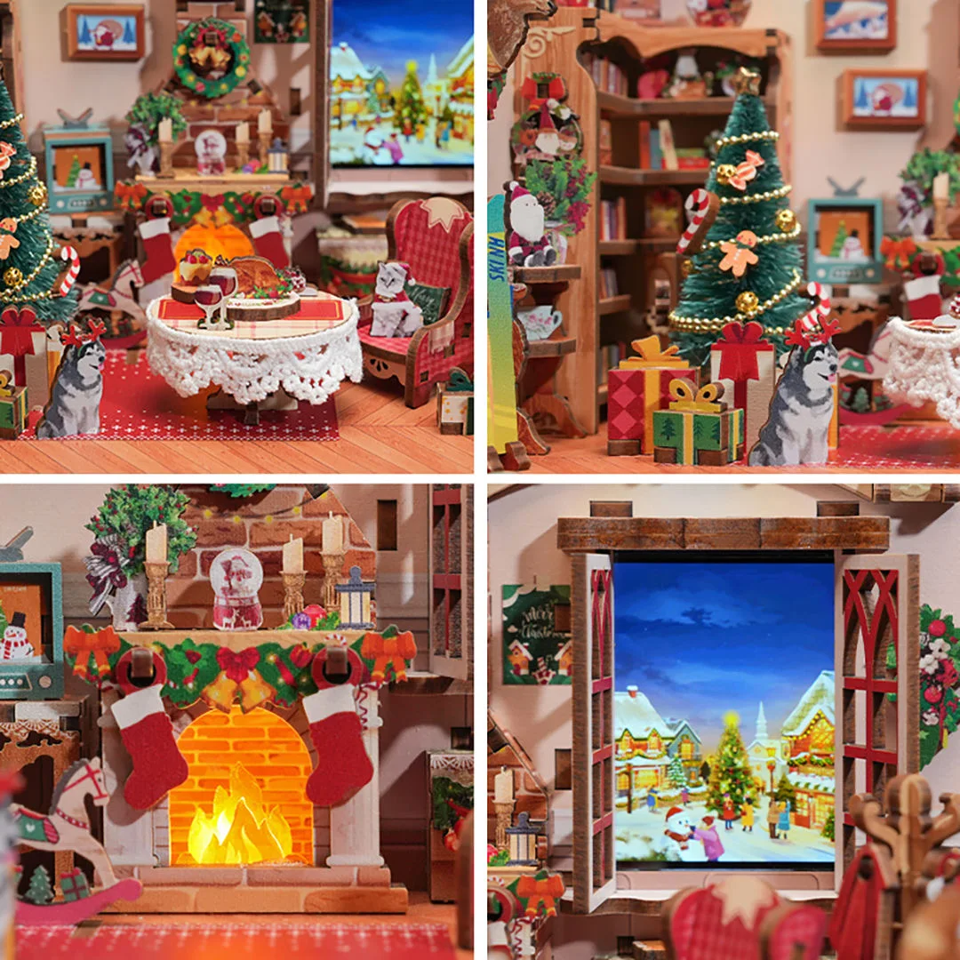 DIY Holz Weihnachten Cottage Miniatur Modell Kit Puppe Häuser Santa Claus Casa 3D Puzzle Puppenhaus Mit Sound Licht Freunde Geschenke