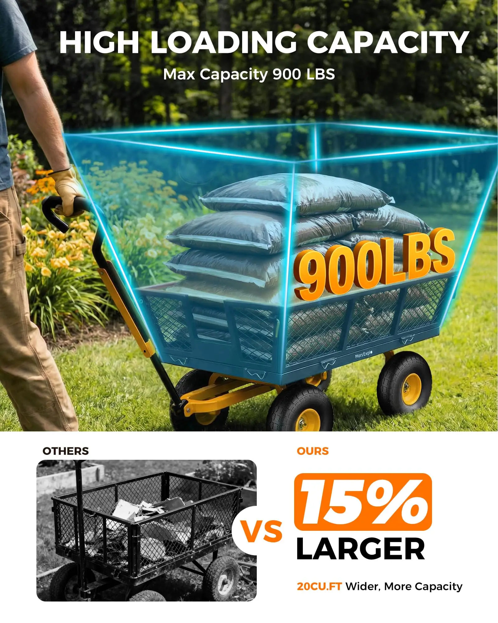 900 Lbs Heavy Duty Steel Garden Cart, Outdoor Metal Garden Wagon On Wheels, Utility Yard Cart with Mesh Removable