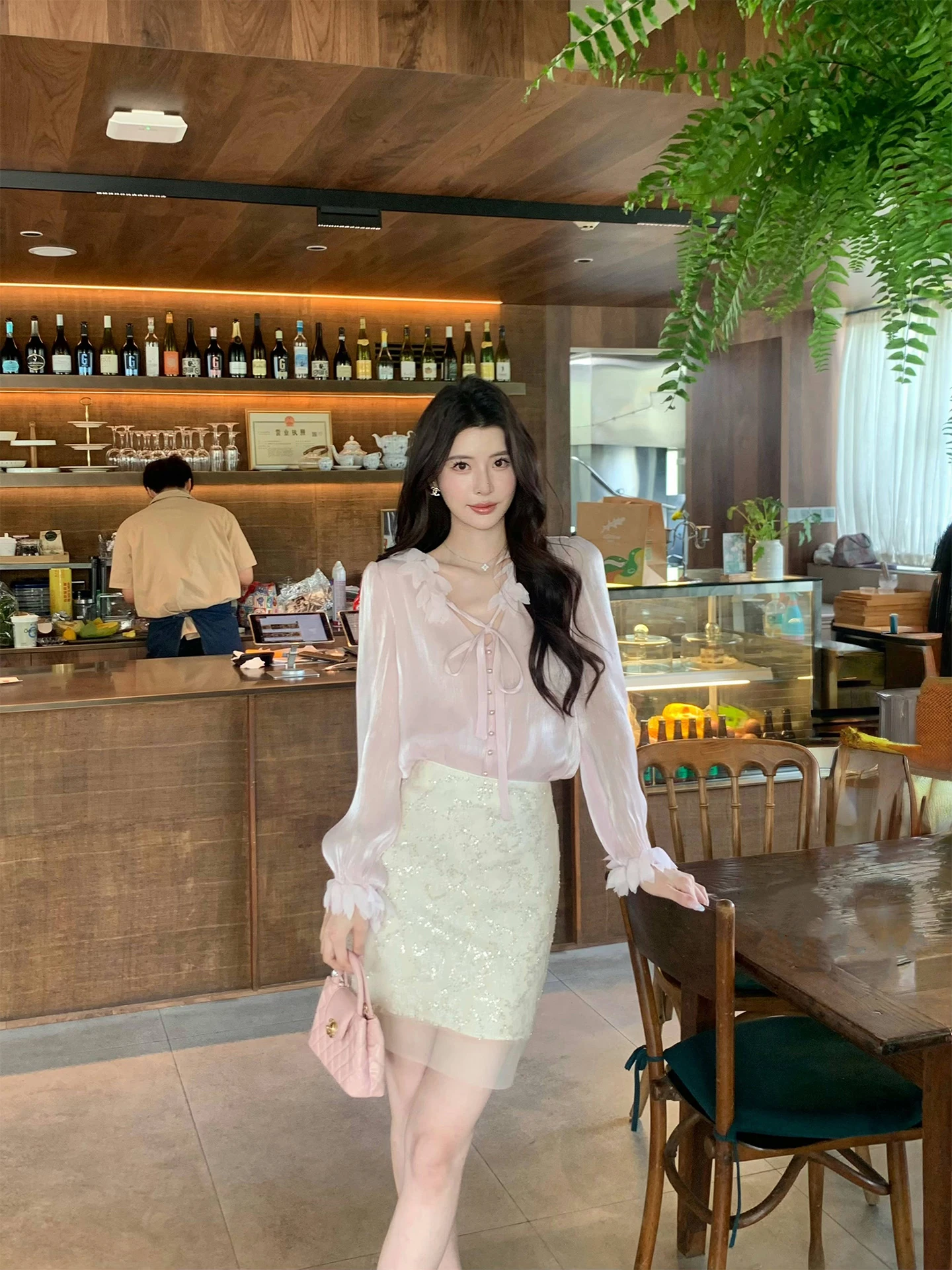 

Kun Total Girl's Pink V-ne Long Sve irt Spring Design Sensation Elegance Top Women's Faion French Sle Loose Fit La...