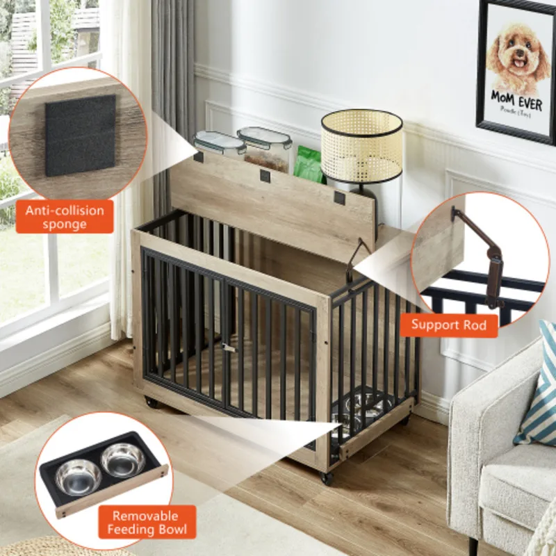 Furniture Style Dog Crate Side Table With Feeding Bowl  Wheels  Three Doors  Flip-up Top Opening. Indoor  Grey  38.58