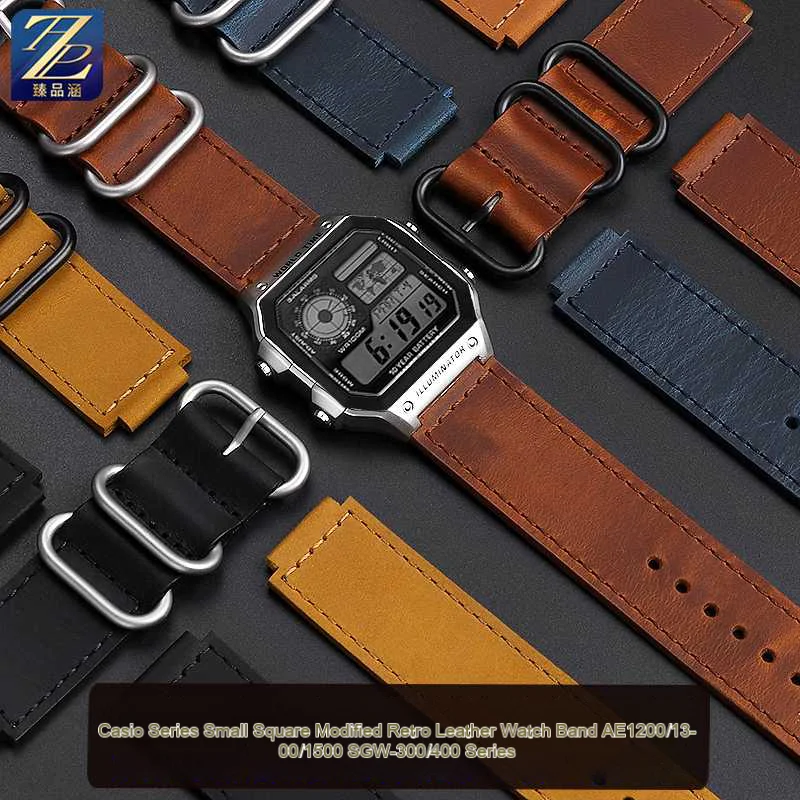 Suitable For Casio AE-1200/1100/1500 SGW-300/400 w218h modified Vintage cowhide strap 18mm