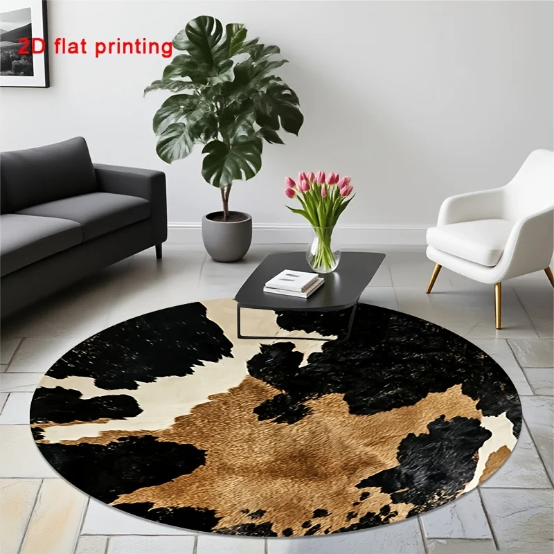 HD Cowhide Texture Round Floor Mat – Creative Print Non-Slip Decorative Rug for Living Room, Bedroom, and Indoor Entryway