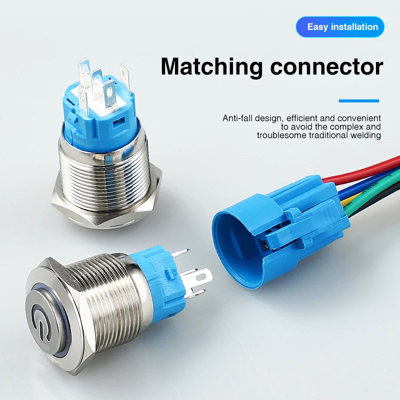 12 16 19 22 mm Metal Push Button Switch with Wire On Off PC Power High Head 12v for Car Momentary Latching Fixed Blue 5V 220V