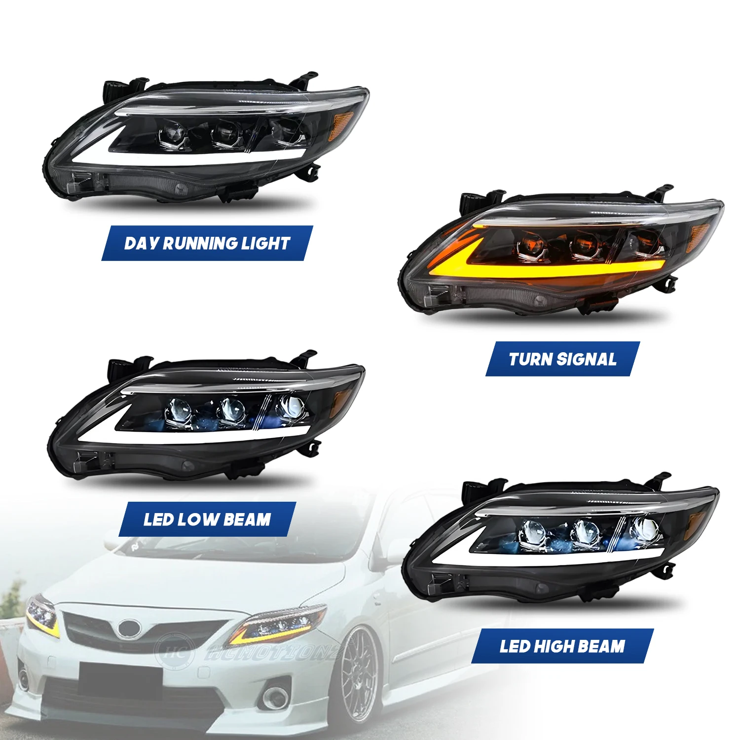 2026 HCMOTIONZ LED Headlights for Toyota for Corolla 2011-2013 Front Lamp Assembly DRL Start-up Animation 6000k Color Lighting S