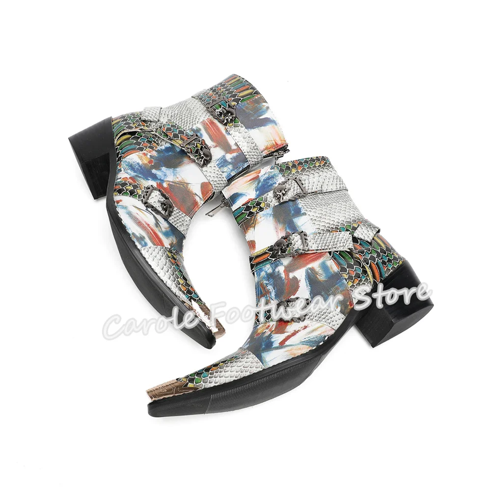 Fashion Mixed Color Graffiti Prints Male Chelsea Boots Snakeskin Pattern Splicing Leather High Top Boots Men's Motorcycle Boots