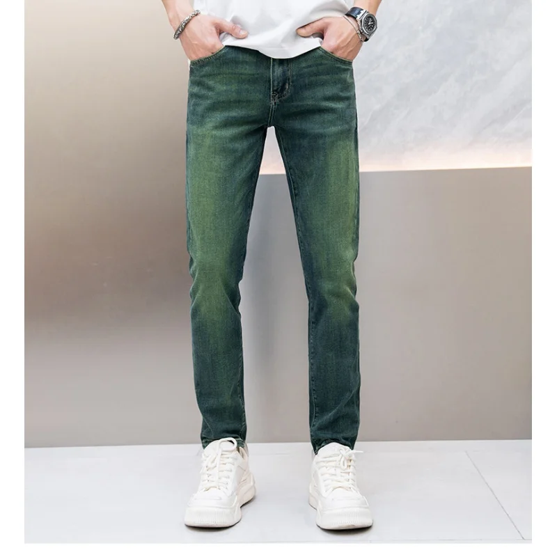 2024 New emerald green fashion jeans men's light luxury high-end fashion elastic fitted all-matching casual skinny trousers