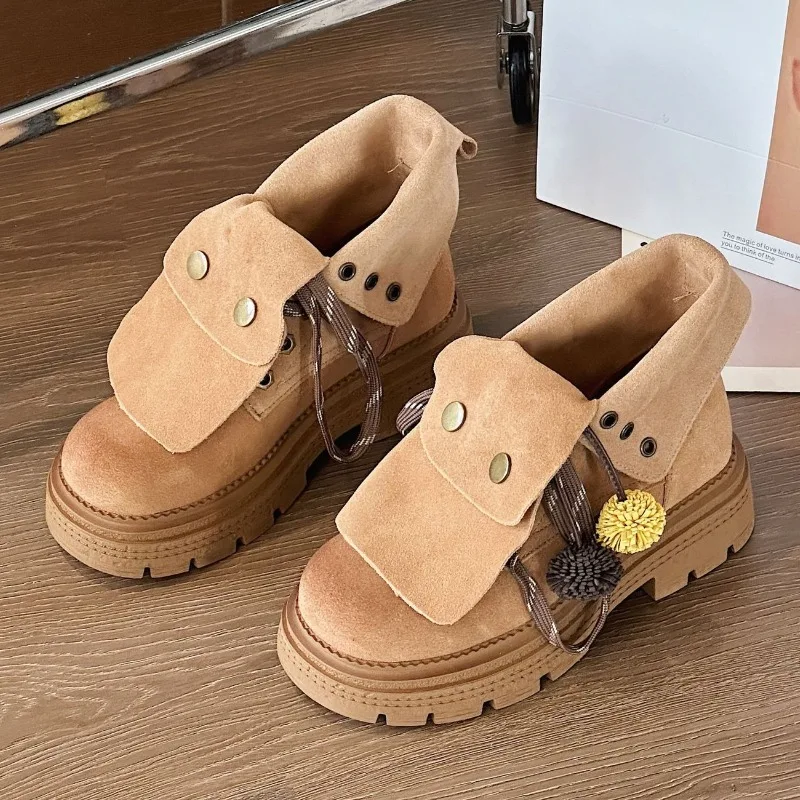 

Autumn Thick-soled Ankle Boots for Women Retro Faux Suede Lace Up Platform Boots Fashion British Style Outdoor Motorcycle Boots
