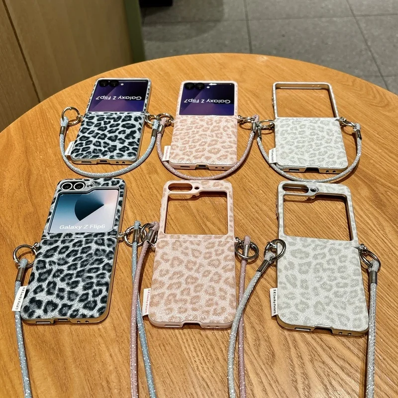Korean Gray Leopard Print Phone Case For Samsung Galaxy Z Flip 7 6 5 Flip7 FE Cover with long Hand Rope Cute Cases Funda