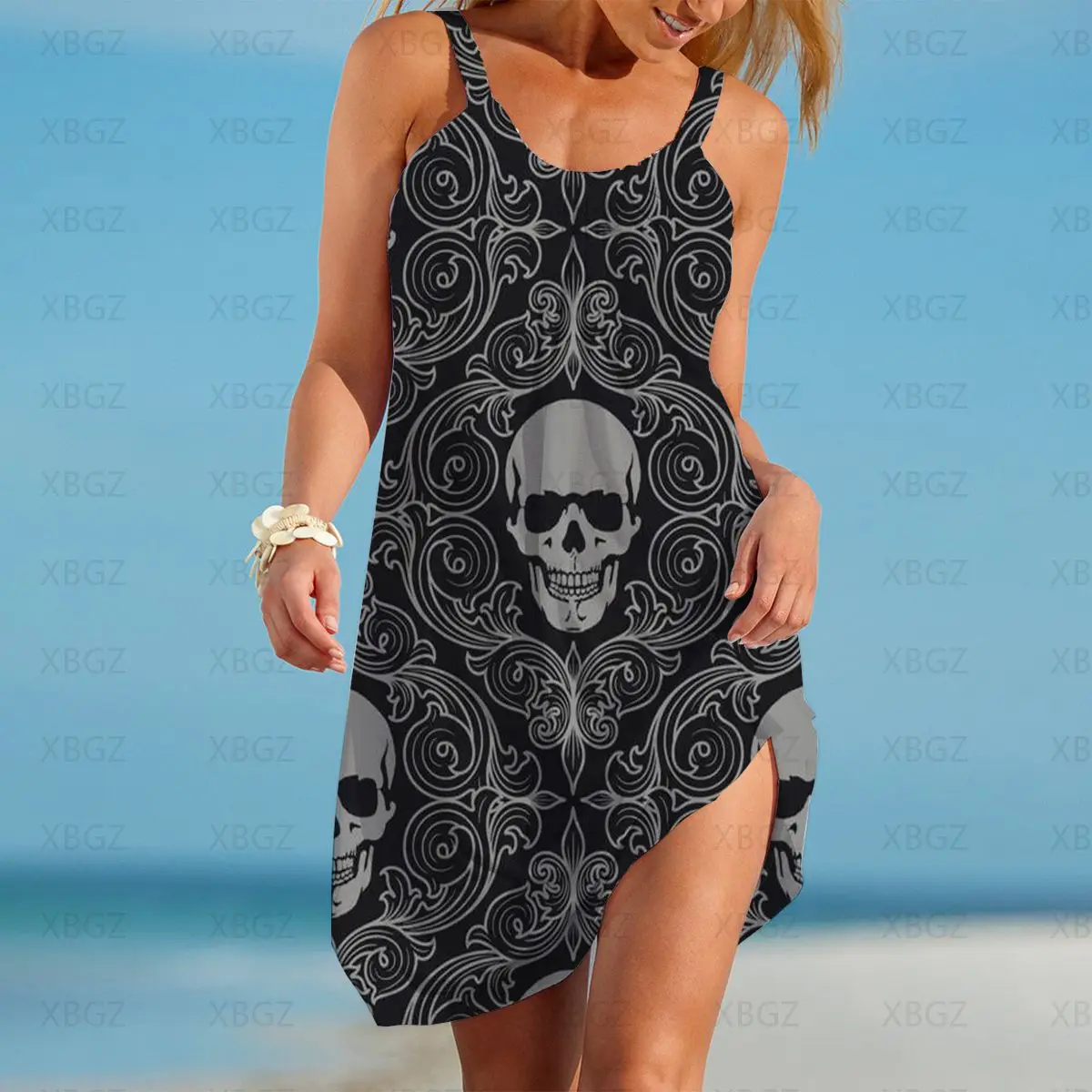 Party Dresses Beach Women 2022 Sling Cover-ups Gothic Bikini Skull Flower Sexy Fashion Boho Clothing Outing 3D Digital Printing