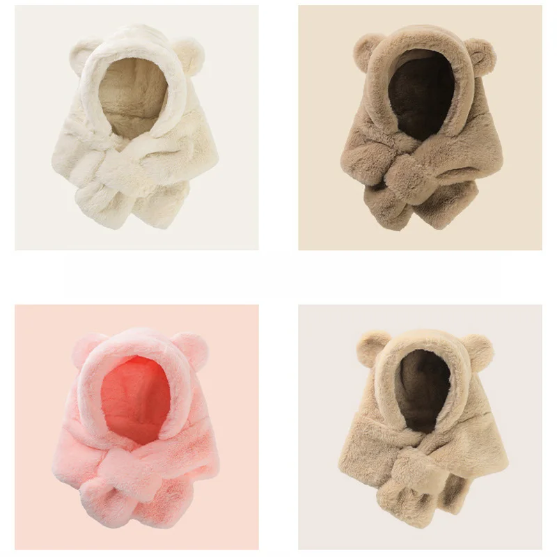 Lenço infantil de urso de peles artificiais, chapéu de bebê, boné de ouvido quente para meninos e meninas, gorros à prova de vento infantil,