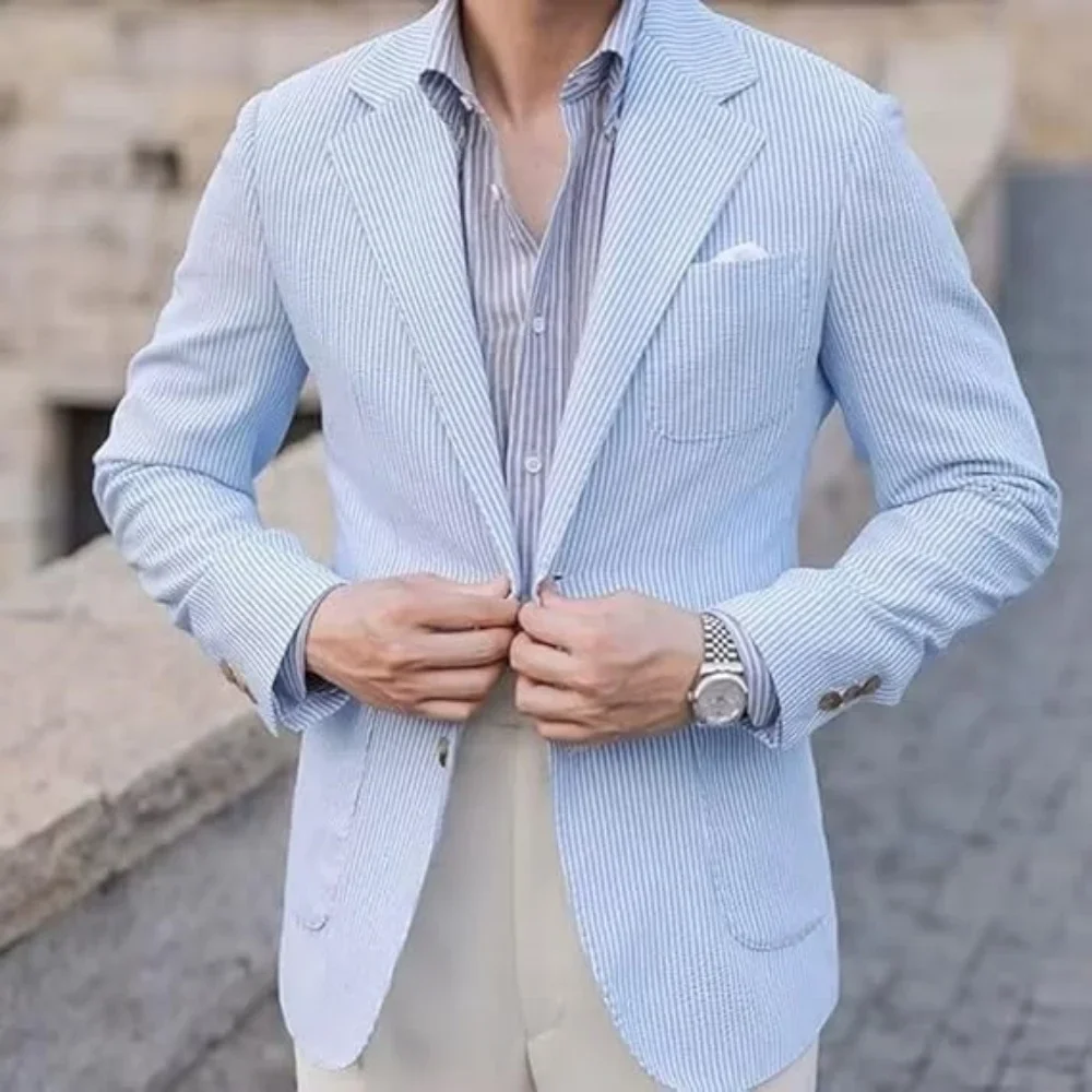 

2-Piece Set Men's Suit Slim Fit Business Sky Blue Stripe 2025 Single Breasted Suit Wedding Banquet Leisure Beach Set