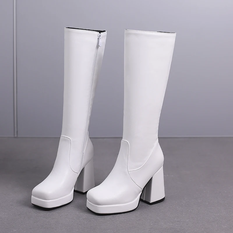 

Plus Size Square Toe Platform Super High Thick Heeled Knight Boots With Side Zipper Short Plush Lining Women's Knee Boots