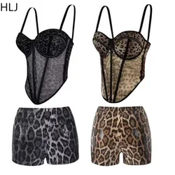 HLJ Spring New Sexy Leopard Print Two Piece Set For Women Backless Fishbone Corset Top + Sequined Leopard Shorts Suit Streetwear