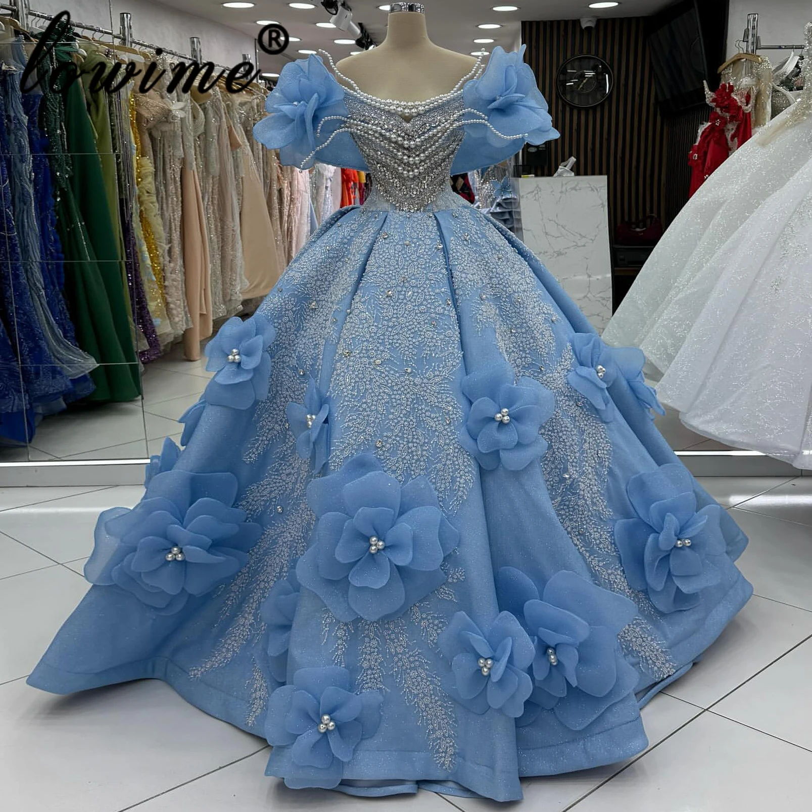 

Luxury Blue Ball Princess Dress Off Shoulder Sweetheart Evening Dress 3D Flower Pearl Crystal Wedding Party Dress Customized