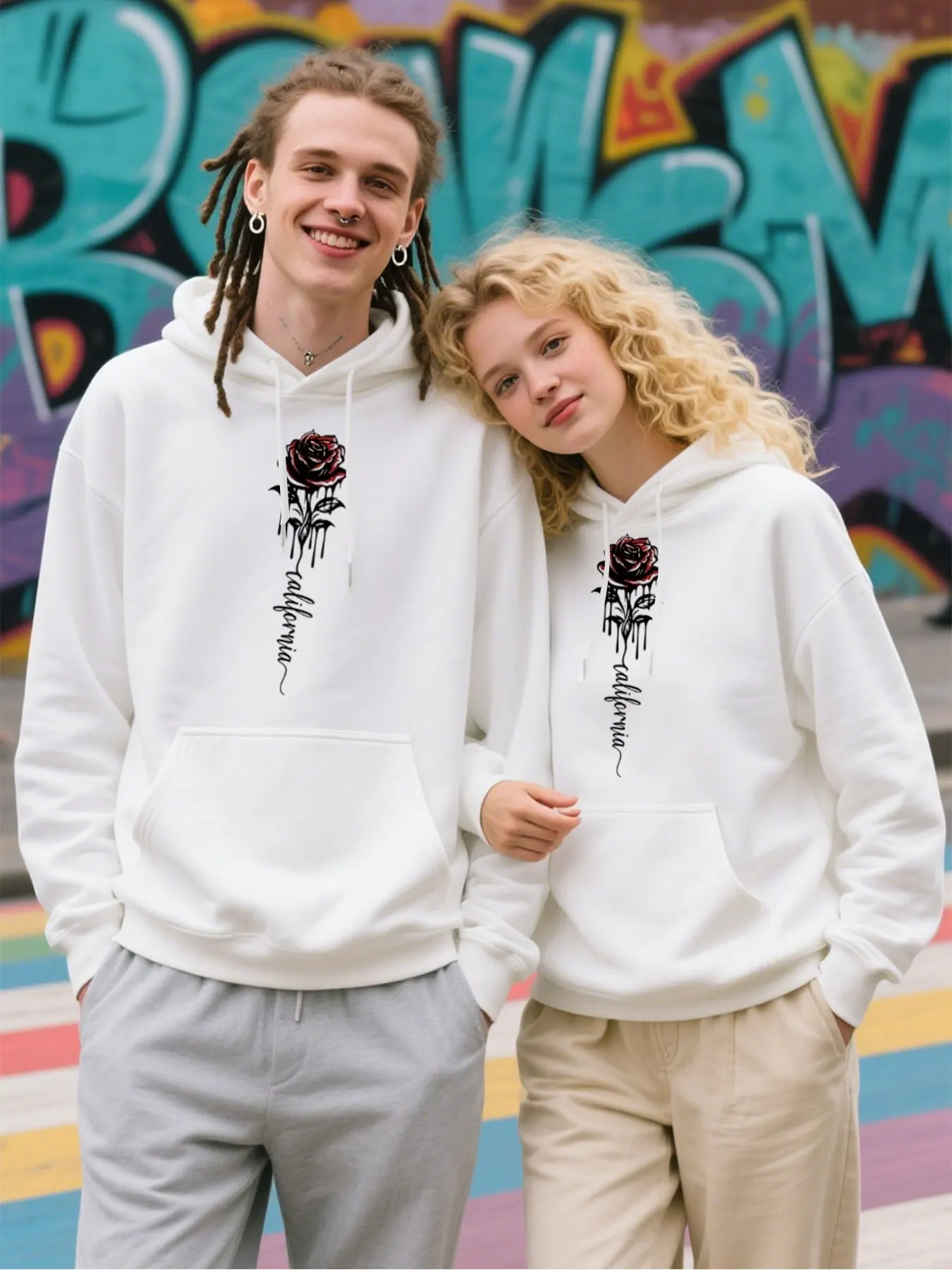 ​Men's Floral Rose Print Hoodie Double-Sided Cotton Cozy Comfort Easy Care Halloween Gift For Him​