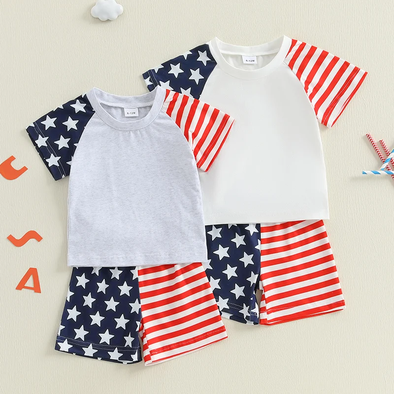 

Lioraitiin Toddler Boy 4th of July Outfit Short Sleeve Round Neck T-Shirt + Stripe Star Pattern Shorts 2Pcs Outfit