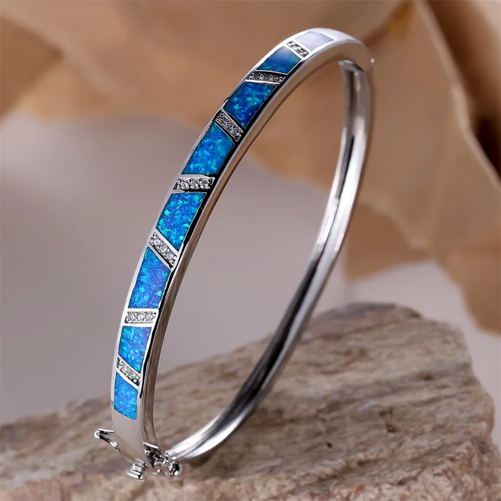 Blue Opal Stone White Zircon Bangle Bracelets For Women Vintage Silver Color Wedding Jewelry Couples Engagement Accessory Gifts