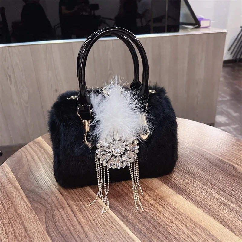 Plush Tote Women's Bag New Autumn and Winter High-Grade Diamond-Embedded Super Soft Rabbit Fur Crossbody Shoulder Bag Plush Bag
