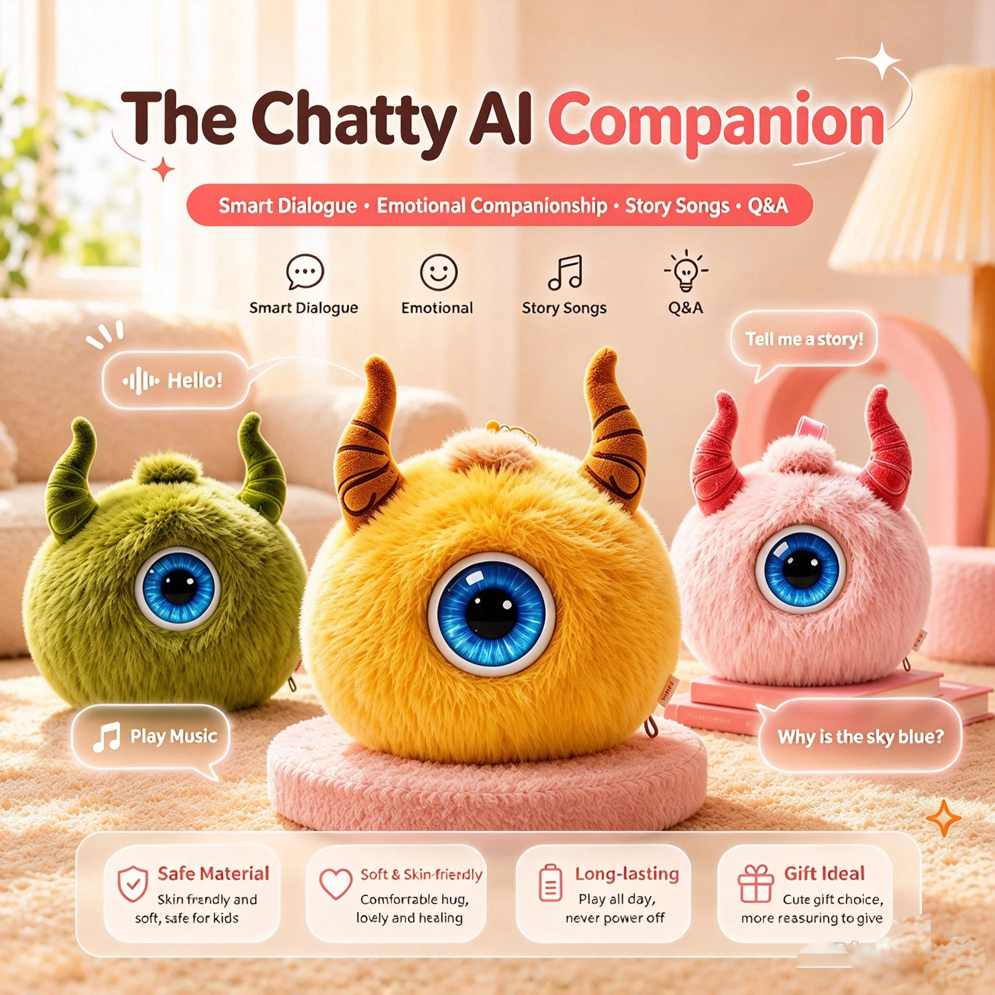 One-Eyed Monster AI Plush Keychain Interactive Talking Stuffed Toy Cute Horned Monster Pendant Kids Gift